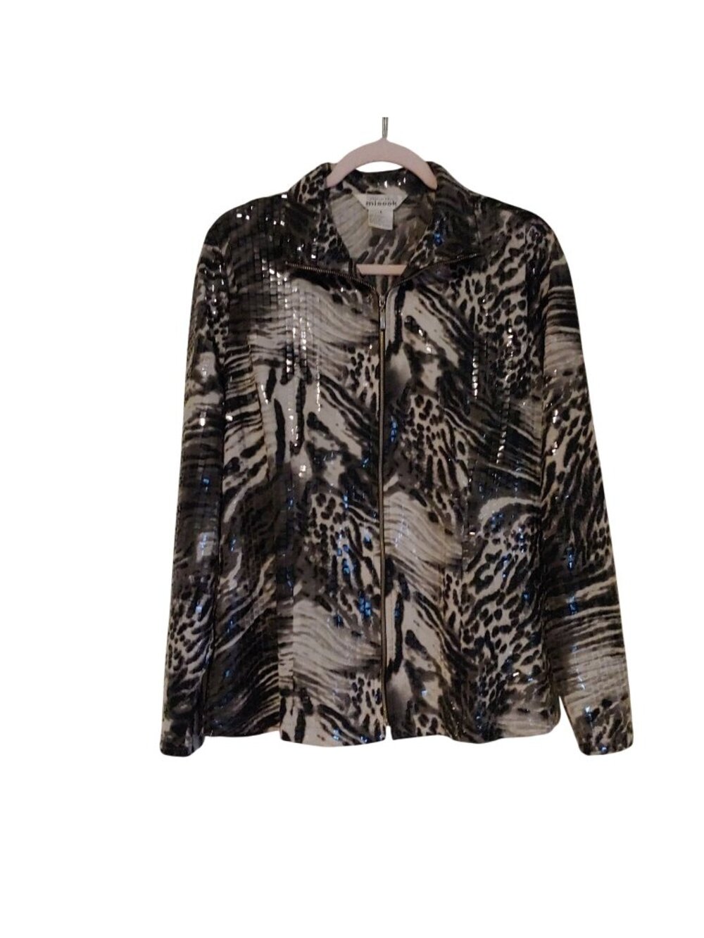 Exclusively Misook Animal Print Reflective Embellished Jacket L Maximalist Glam